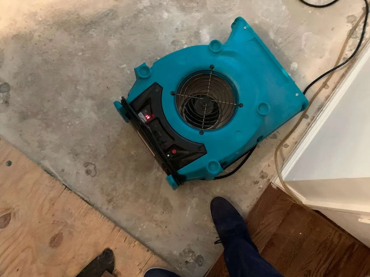 Air mover drying subfloor during Commercial Water Damage Restoration in Millington